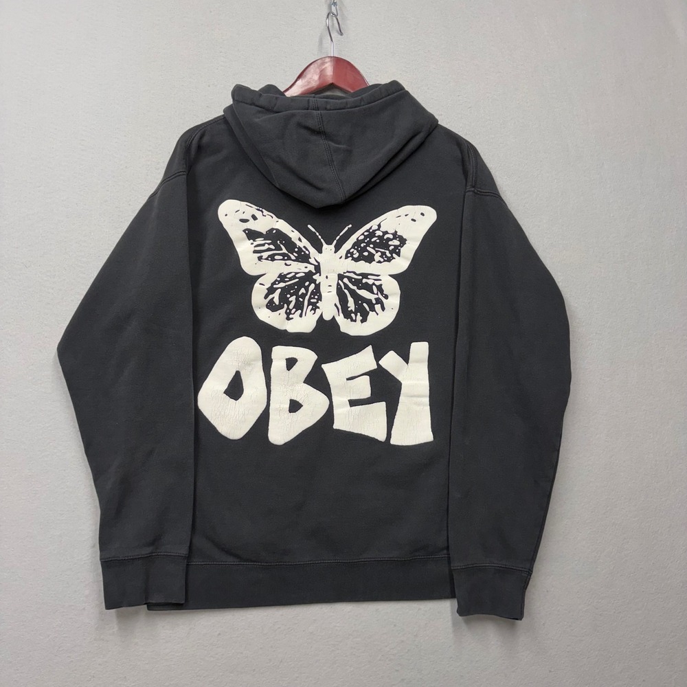 Obey Hoodie Unisex Medium Black Butterfly Graphic Y2K Streetwear Pullover